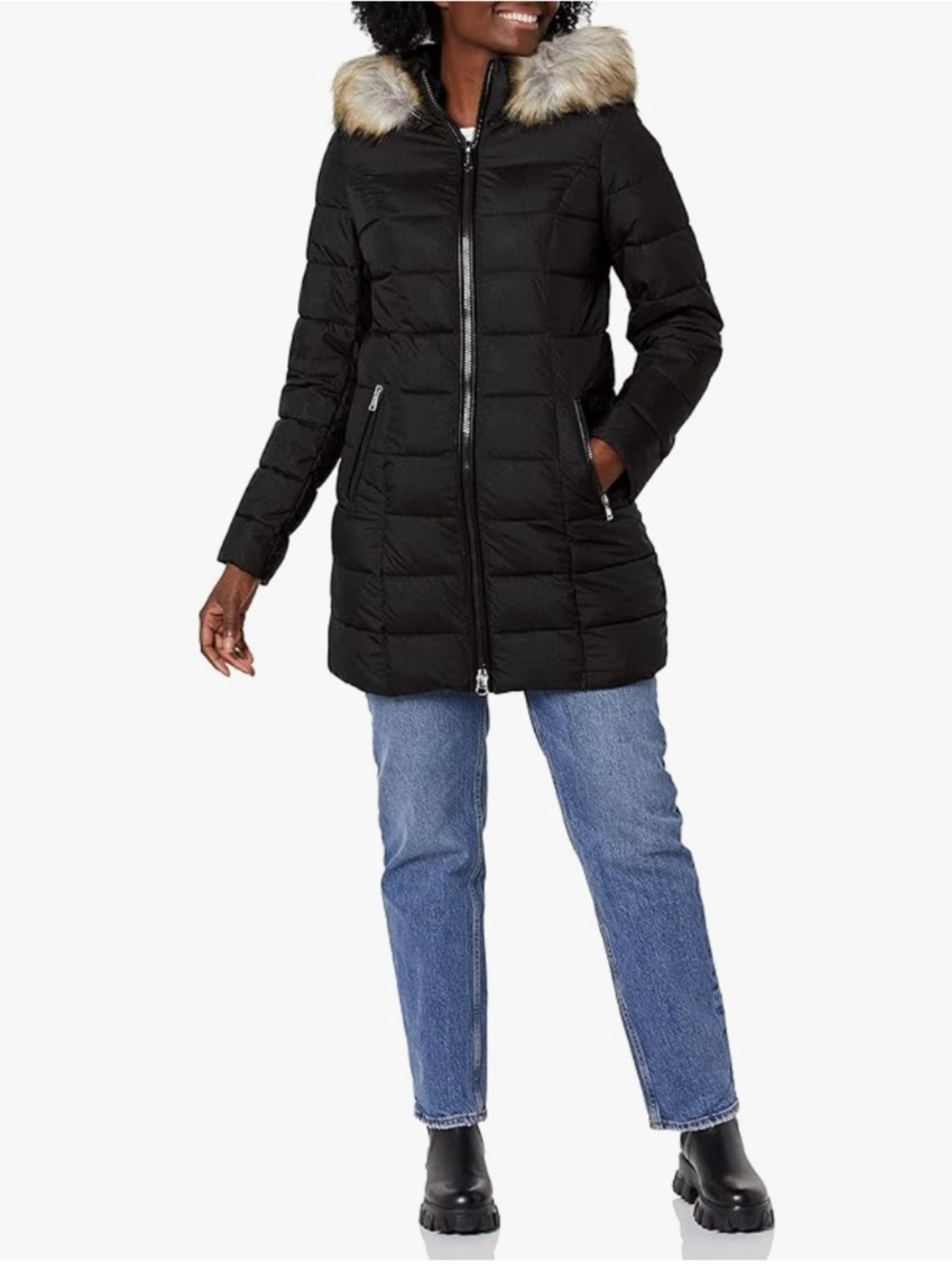 NWT Laundry by Shelli Segal Women's Stretch 3/4 Puffer Jacket with Faux Fur Hood